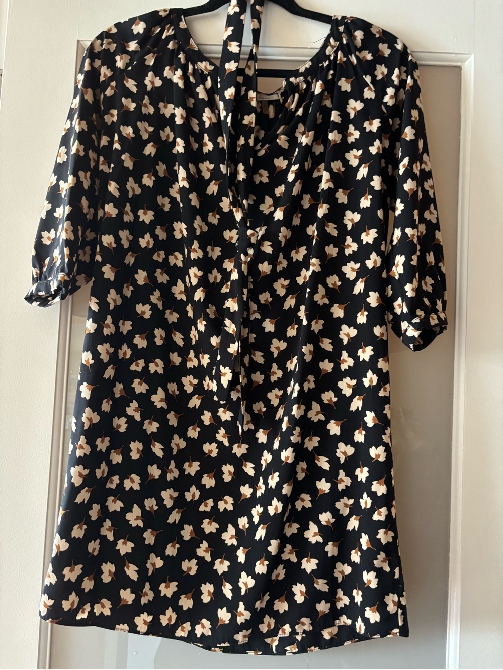 Soprano Black Floral Tie-Neck Tunic with Cream Blooms
